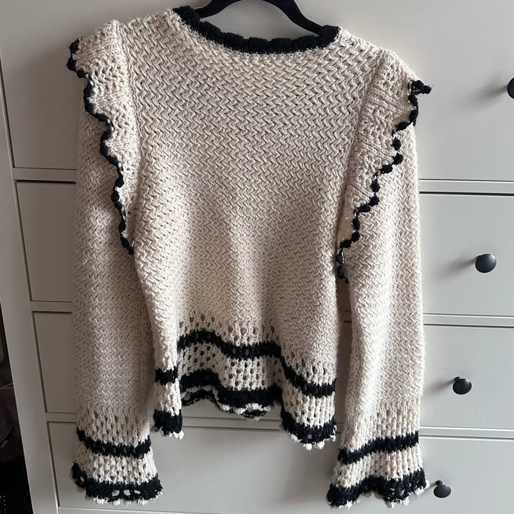 Mango Black & Cream Knit Sweater With Ruffled Open Work Details